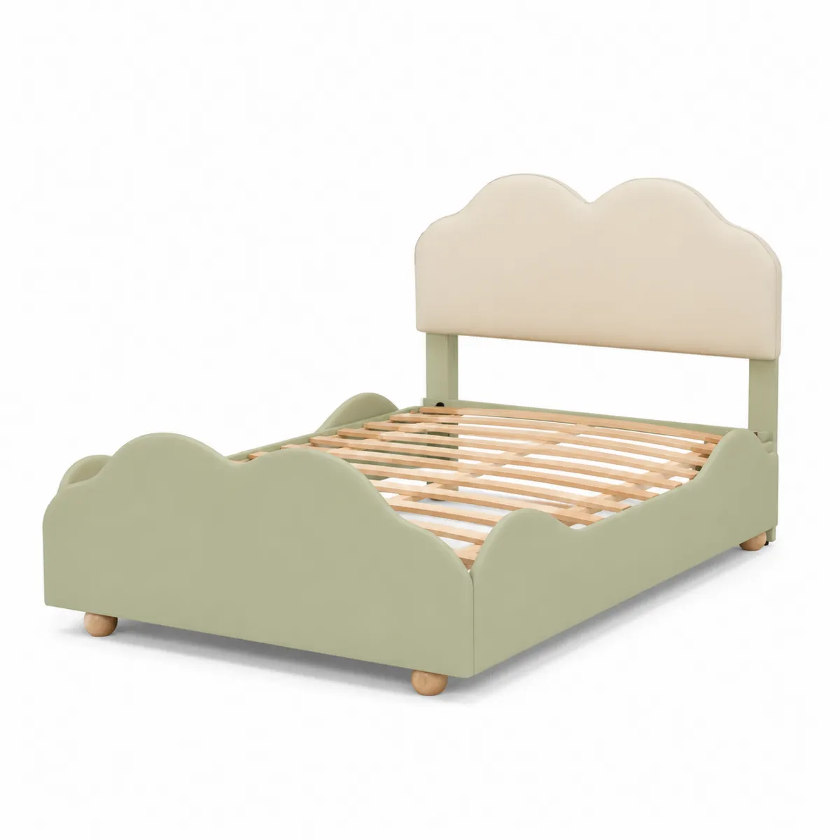Lit Enfant en Bois et Tissu Vert/Beige 160x80 cm