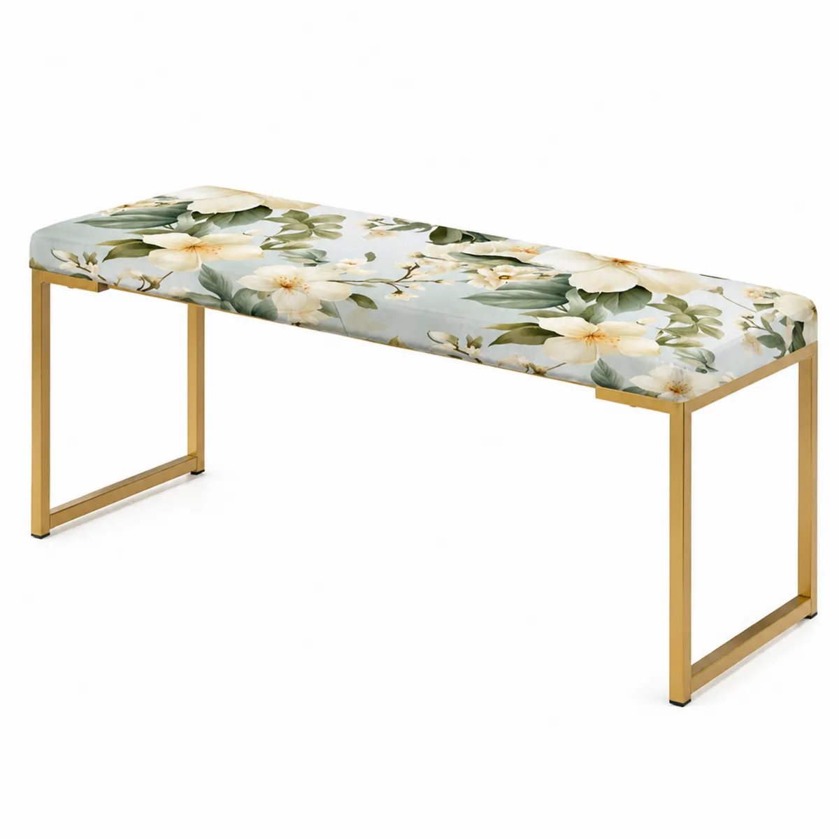 Banc rembourré en métal doré avec motif floral 120 cm
