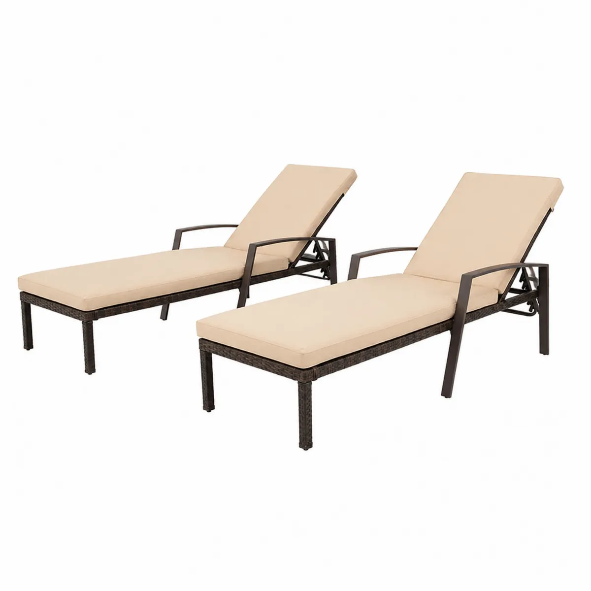 Lot de 2 chaises longues inclinables en métal et résine tressée avec coussins beige