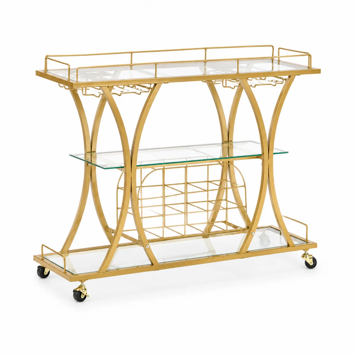 Chariot de bar en métal doré avec étagères en verre trempé
