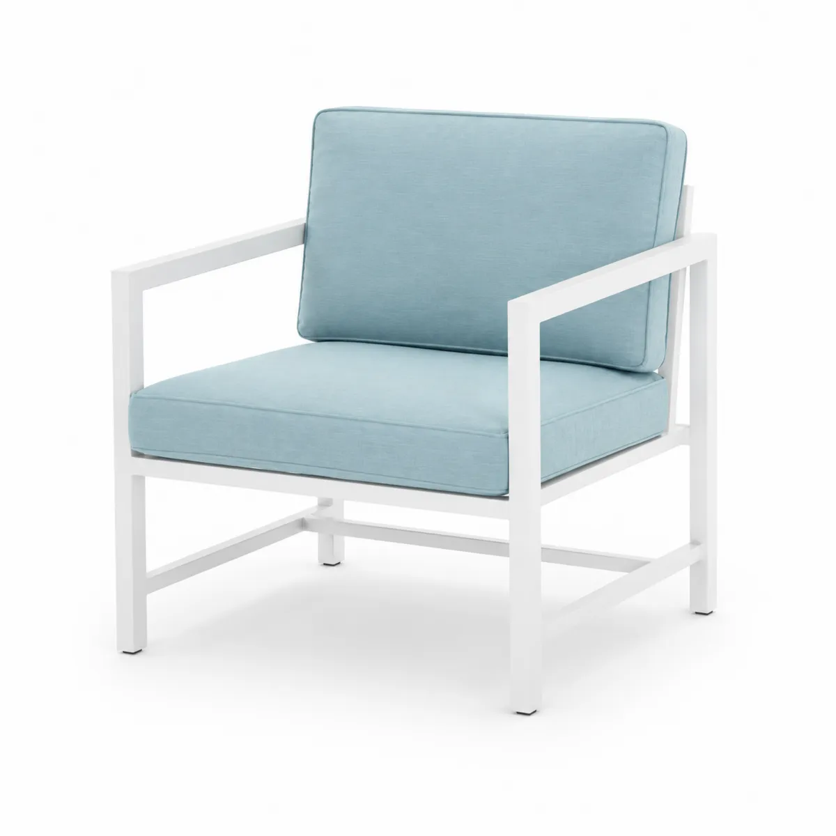 Fauteuil en métal avec coussins en tissu bleu