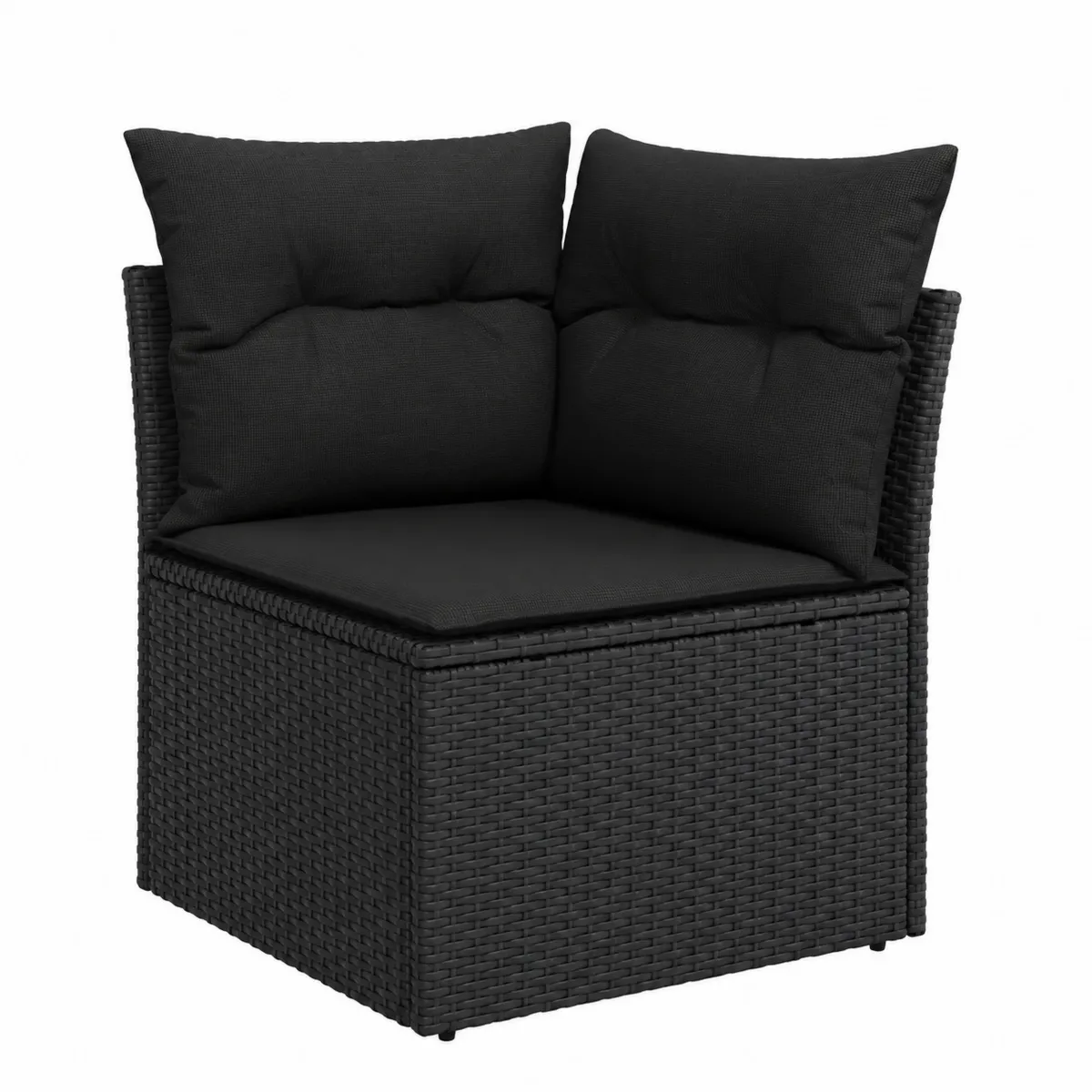 Canapé d'angle en résine tressée noire avec coussins en tissu