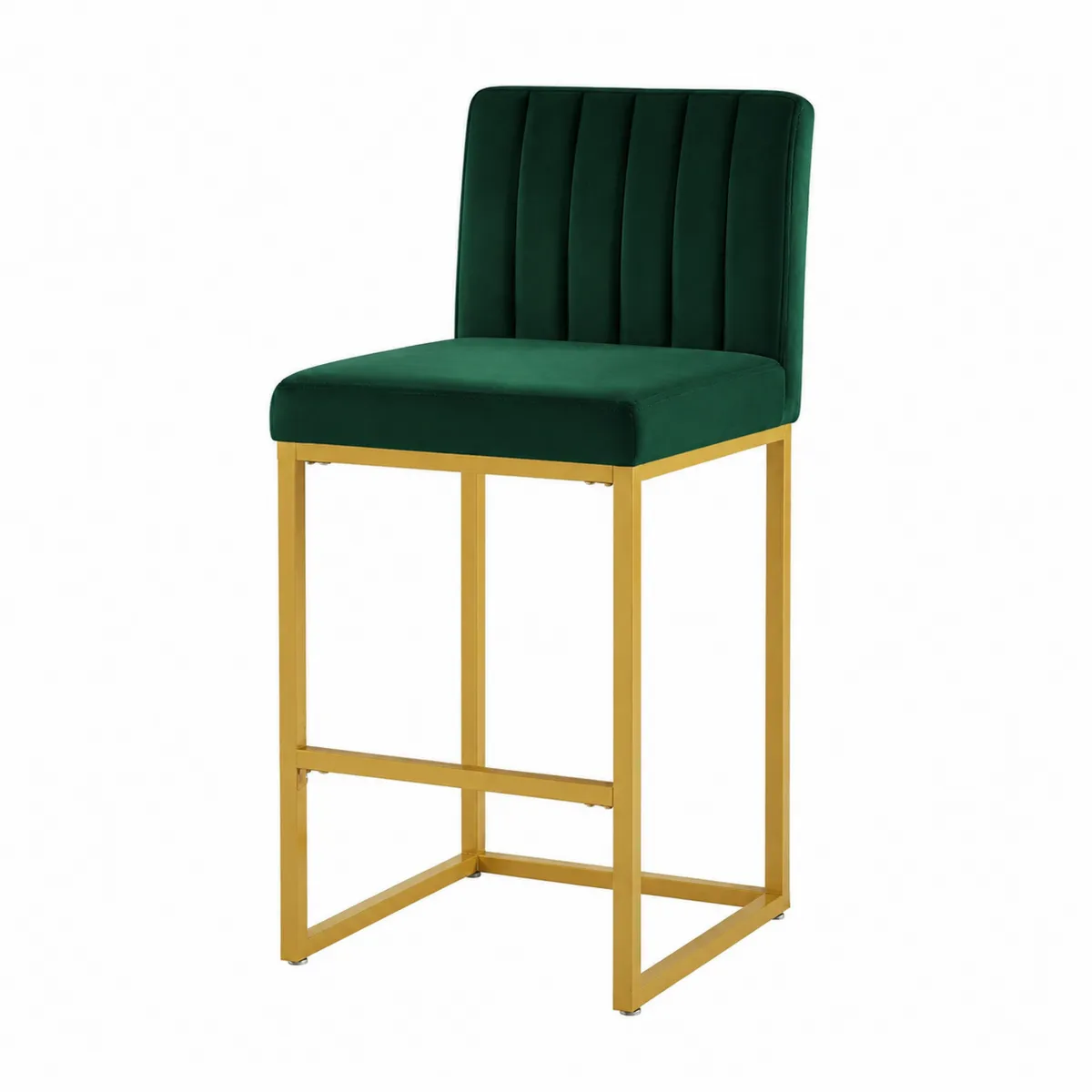Tabouret de bar en velours vert avec structure en acier doré