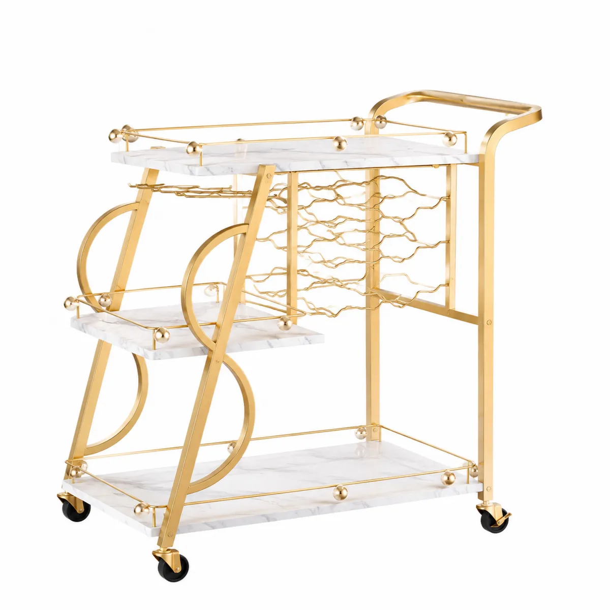 Chariot de bar en métal doré avec étagères en marbre blanc