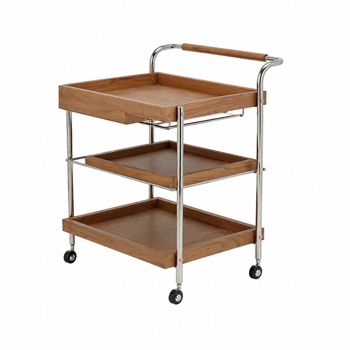 Chariot de bar en bois d'acacia et métal inoxydable à 3 niveaux