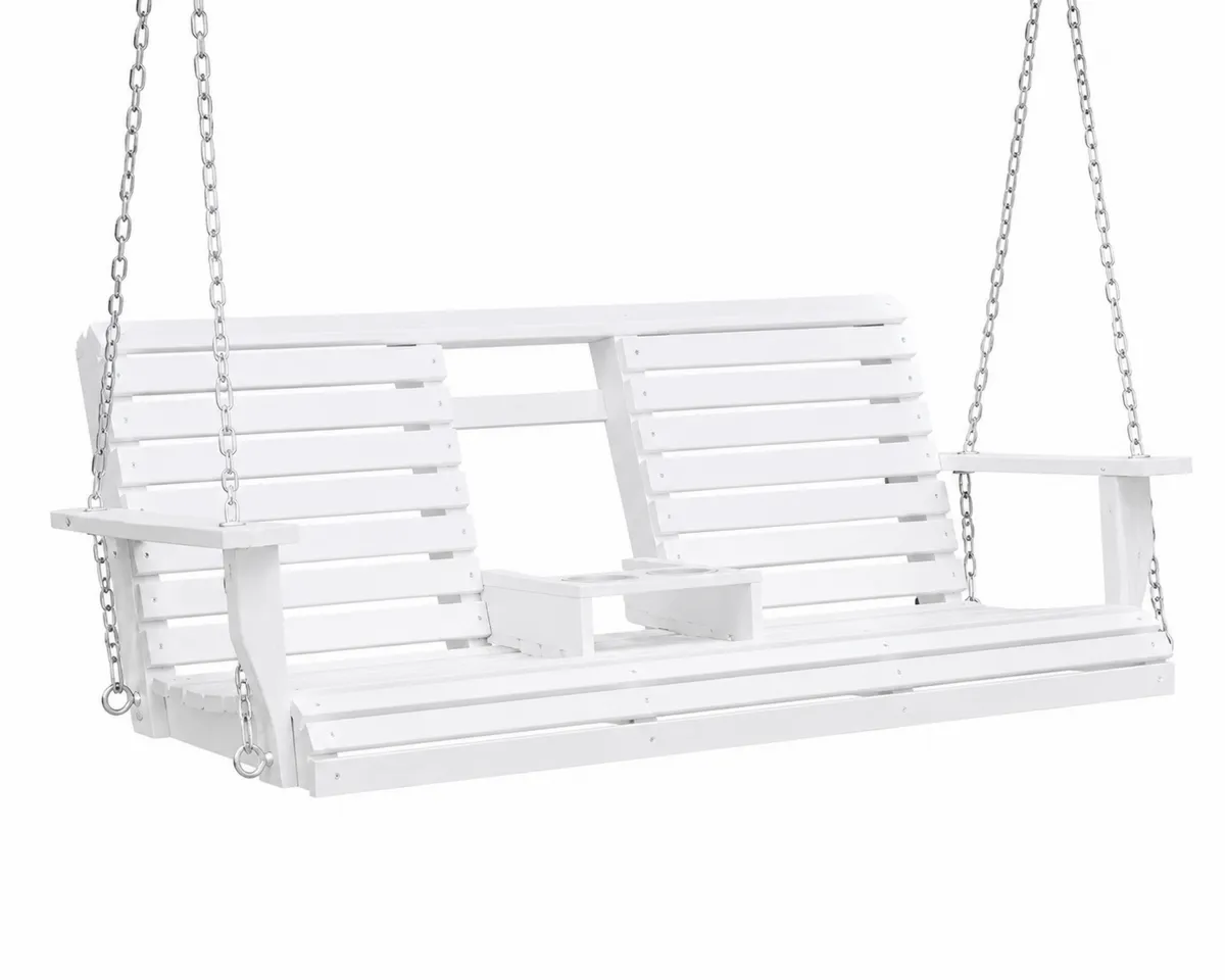 Balançoire de véranda en bois blanc à double siège avec accoudoirs et chaîne