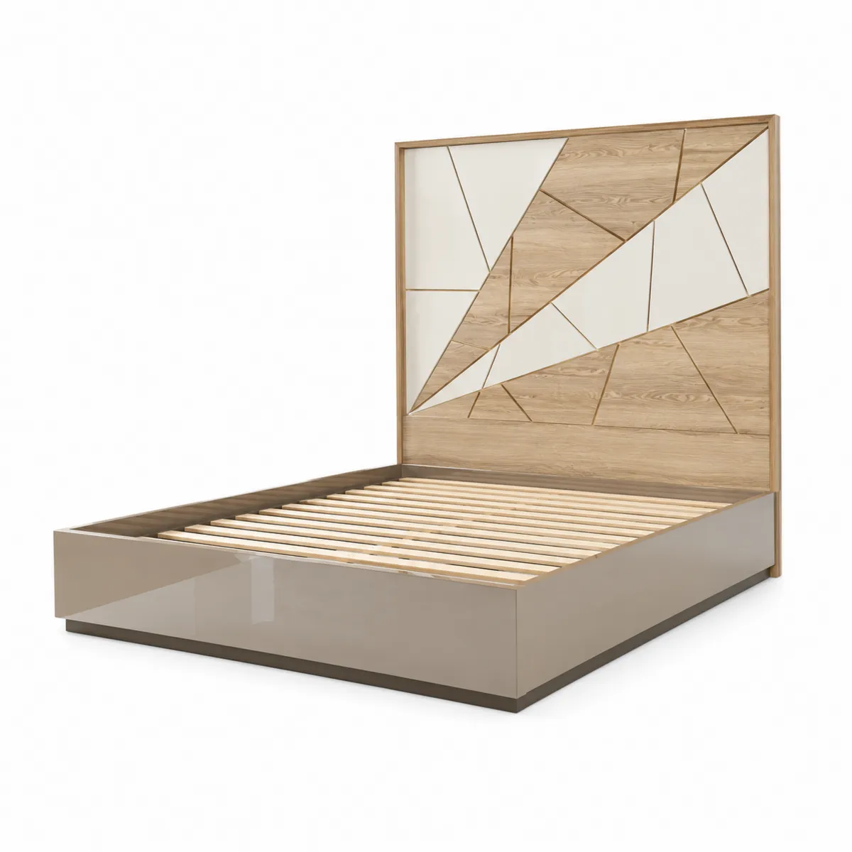 Cama de matrimonio con cabecero geométrico de madera y MDF lacado