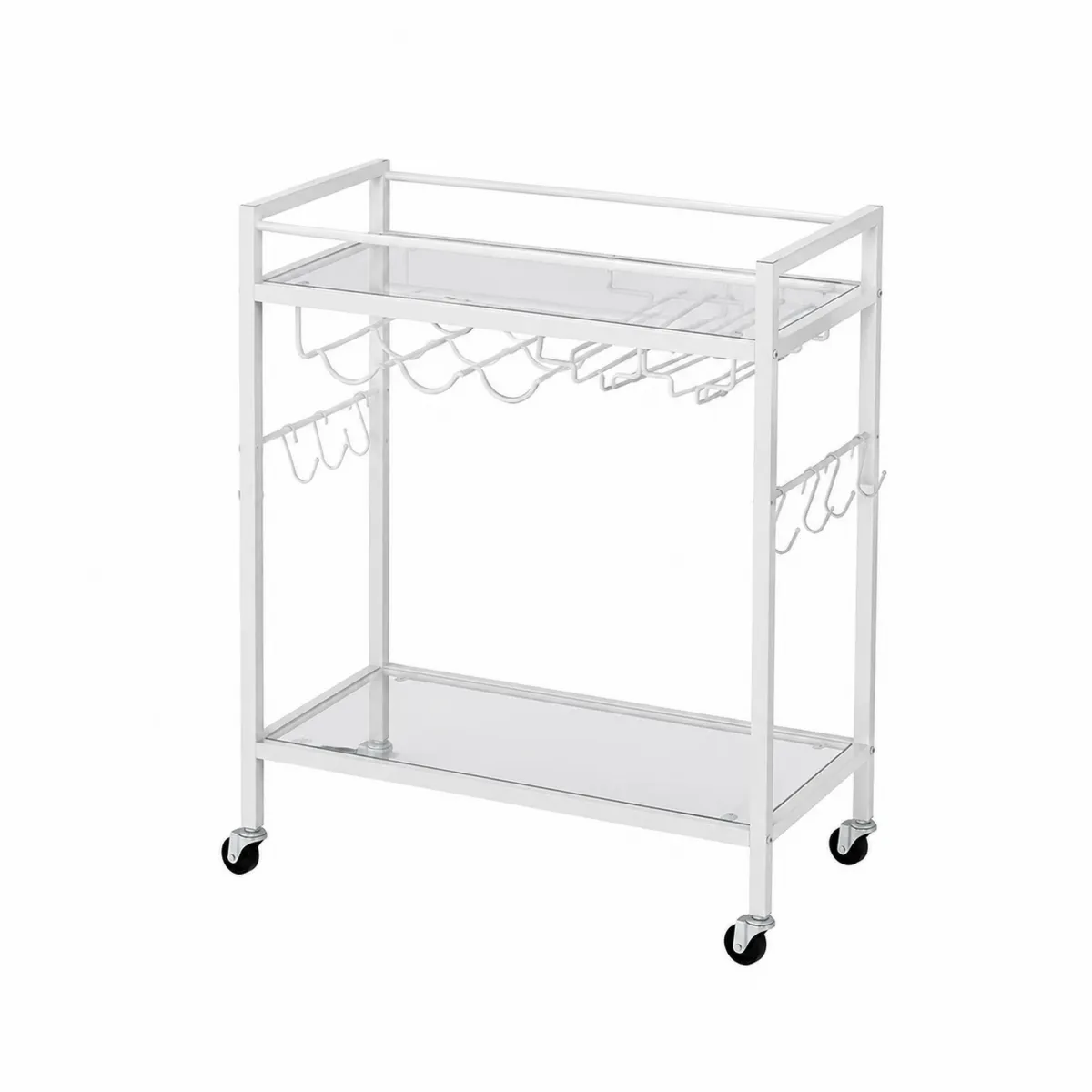 Carrito de bar de metal con ruedas y estantes de vidrio 80x40x90cm Blanco