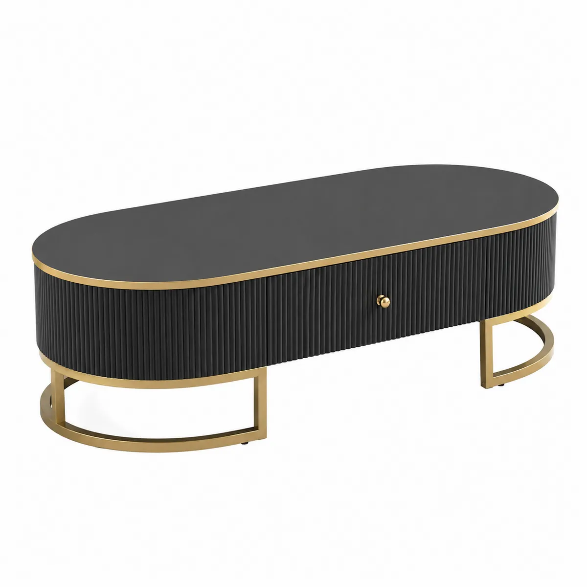 Mesa de centro ovalada de MDF y acero negro y dorado