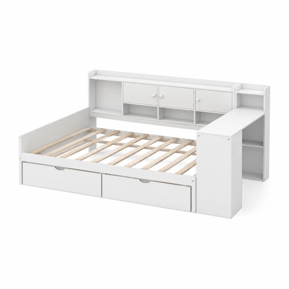 Cama individual con almacenamiento y estanterías blancas de MDF y pino 200x90 cm