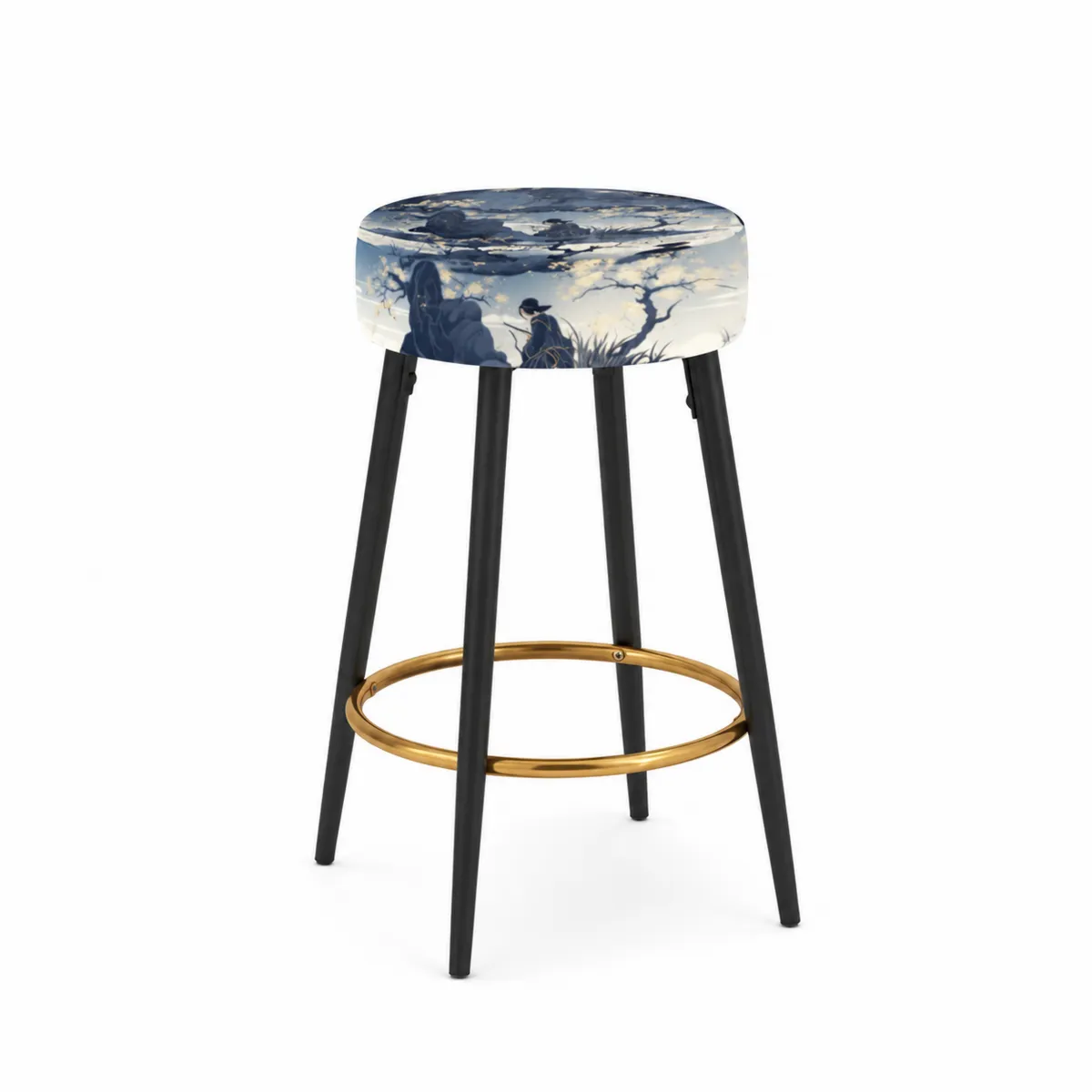 Taburete alto con asiento de tela azul, patas metálicas, reposapiés dorado