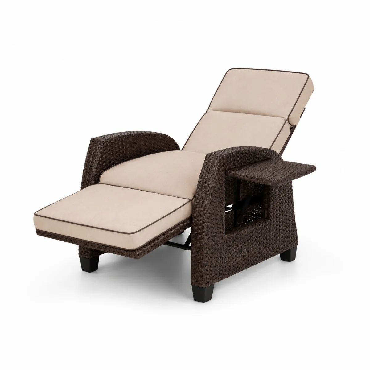 Sillón reclinable de ratán sintético con cojines marrón y crema