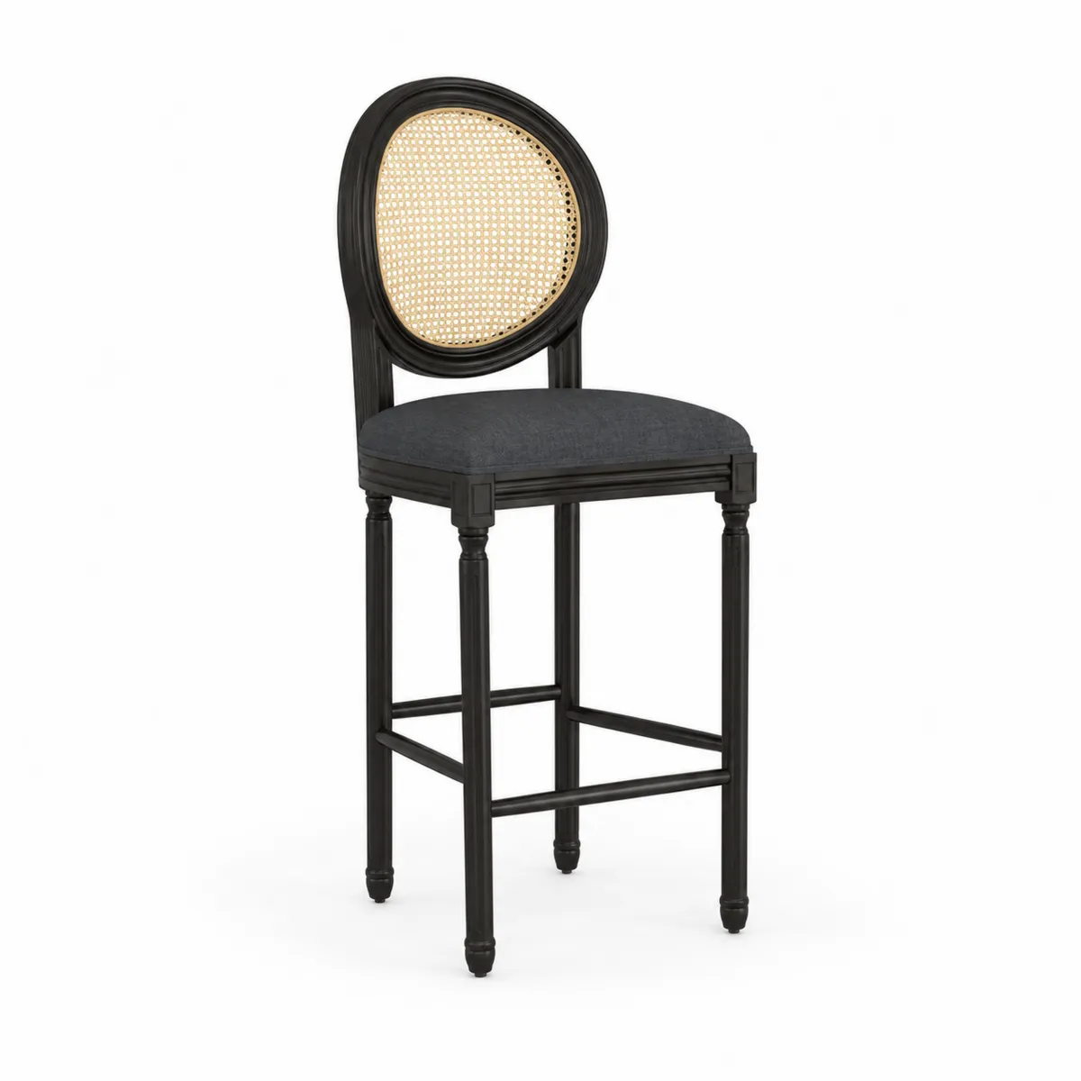Taburete de bar de madera con respaldo de mimbre y asiento de tela gris