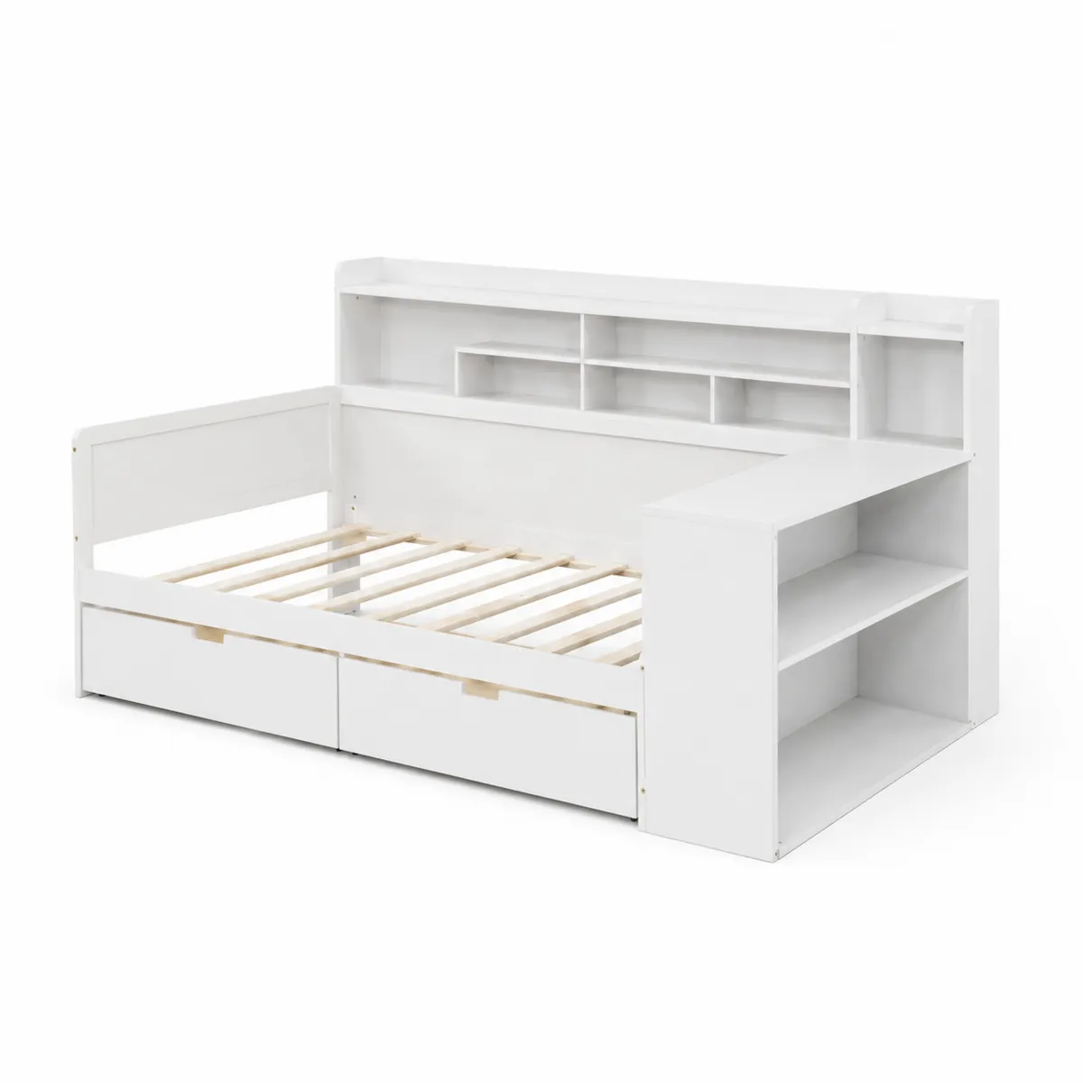 Sofá Cama de Madera Blanco con Estantes y Cajones 205x98x96 cm