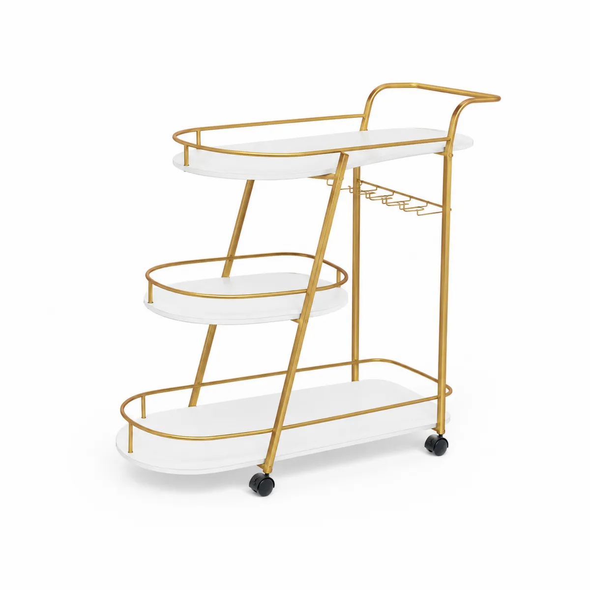 Carrito de metal dorado con estantes blancos