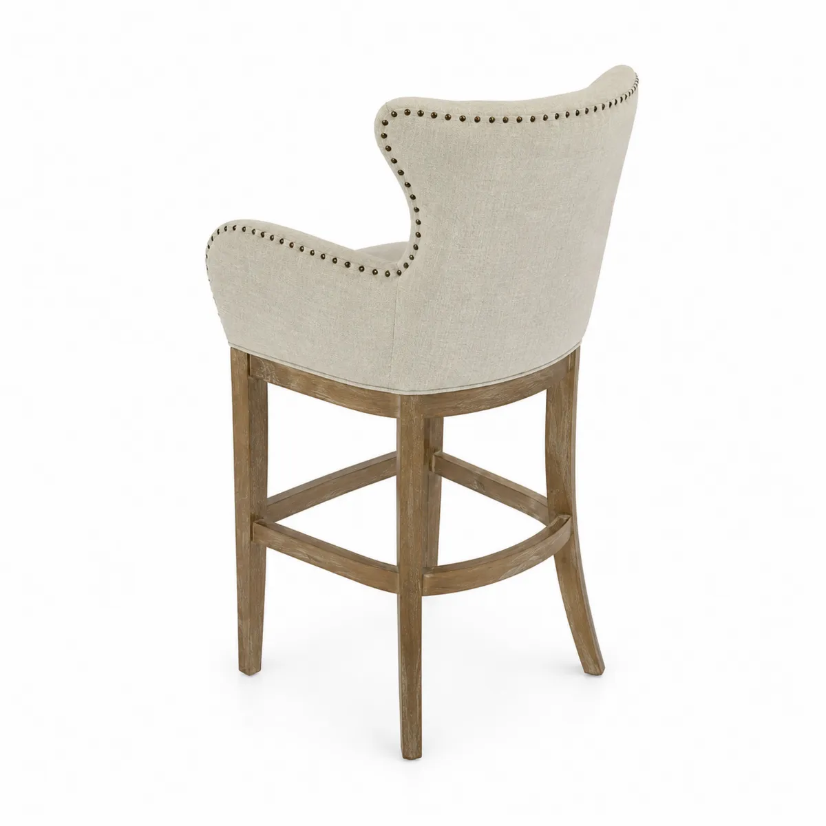 Taburete de madera con tapizado de lino beige y respaldo curvado