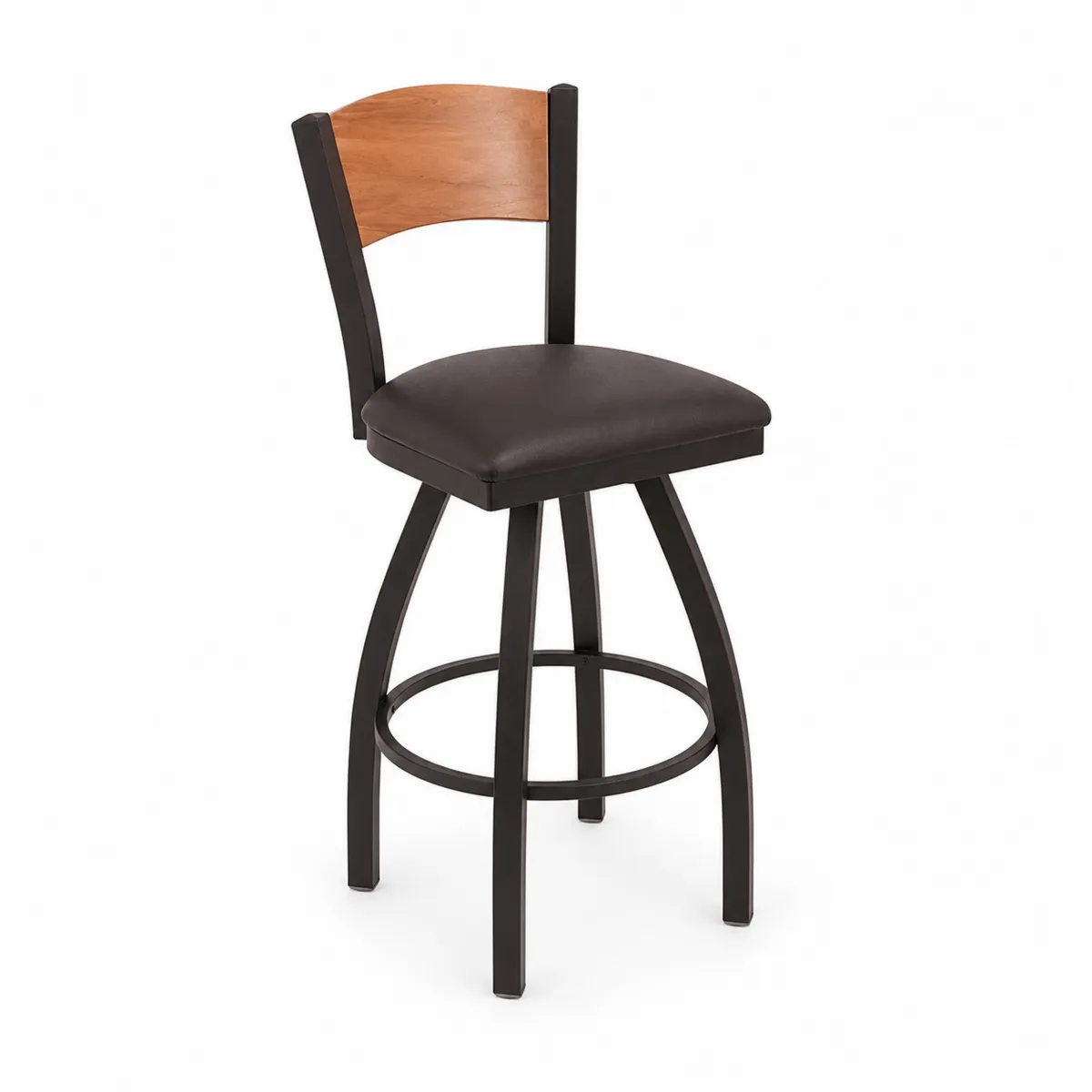 Taburete Giratorio de Metal con Asiento de Cuero PU y Respaldo de Madera