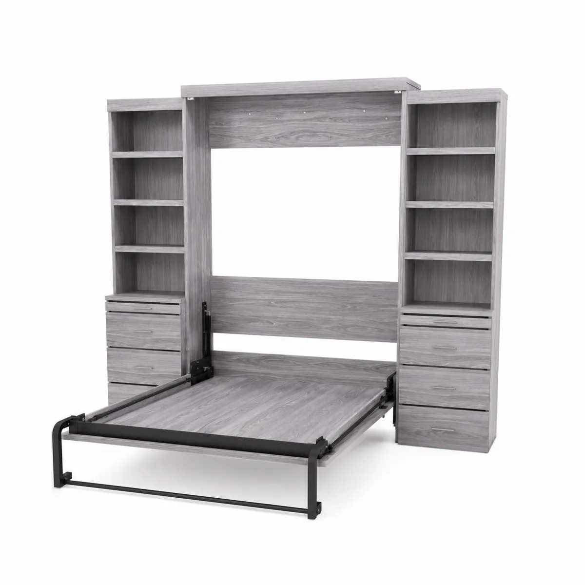 Cama abatible de madera laminada gris con estanterías