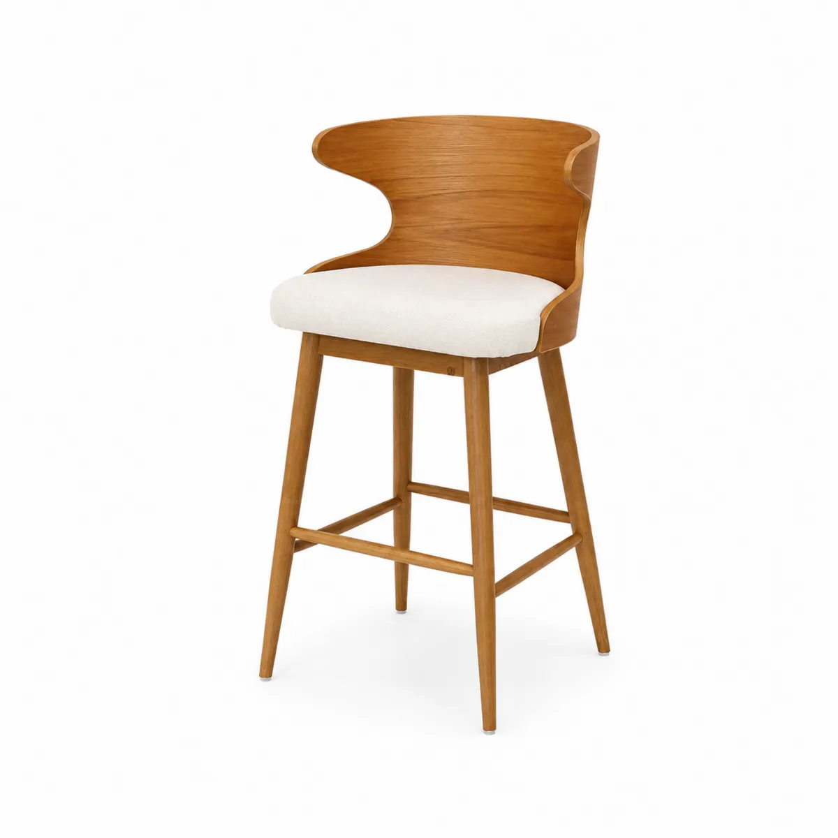 Taburete de Madera con Respaldo Curvo y Asiento de Tela