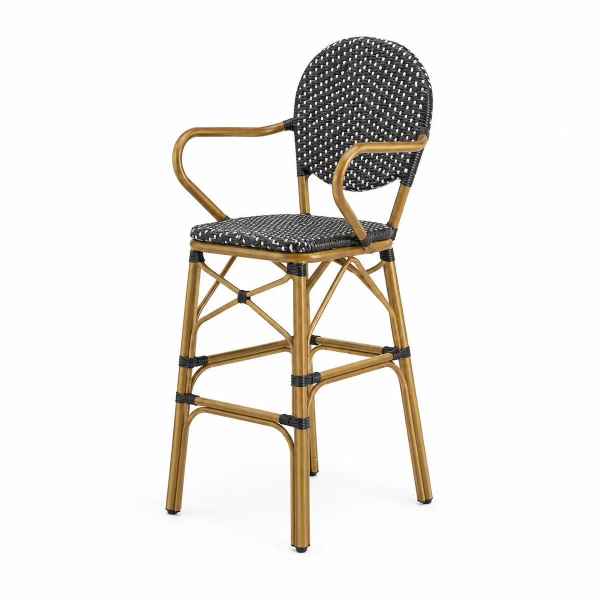 Taburete de Aluminio y Rattan Negro con Respaldo Redondo