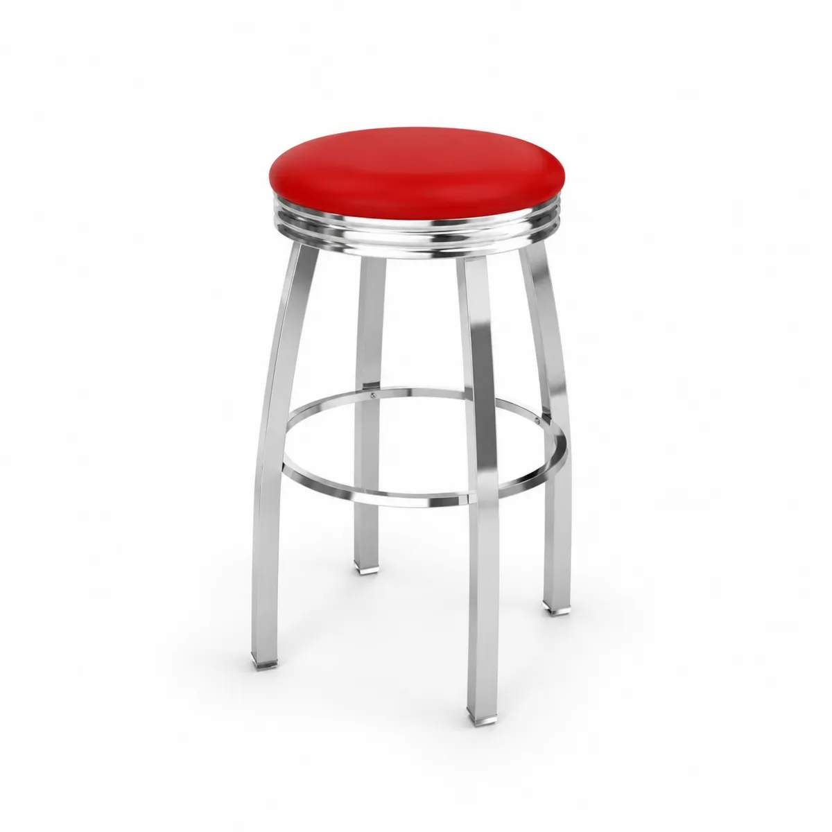Taburete de metal con asiento rojo de piel sintética