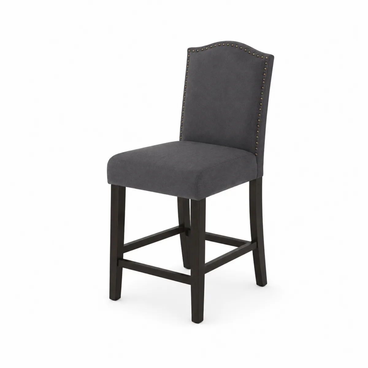 Taburete de tela gris con patas de madera