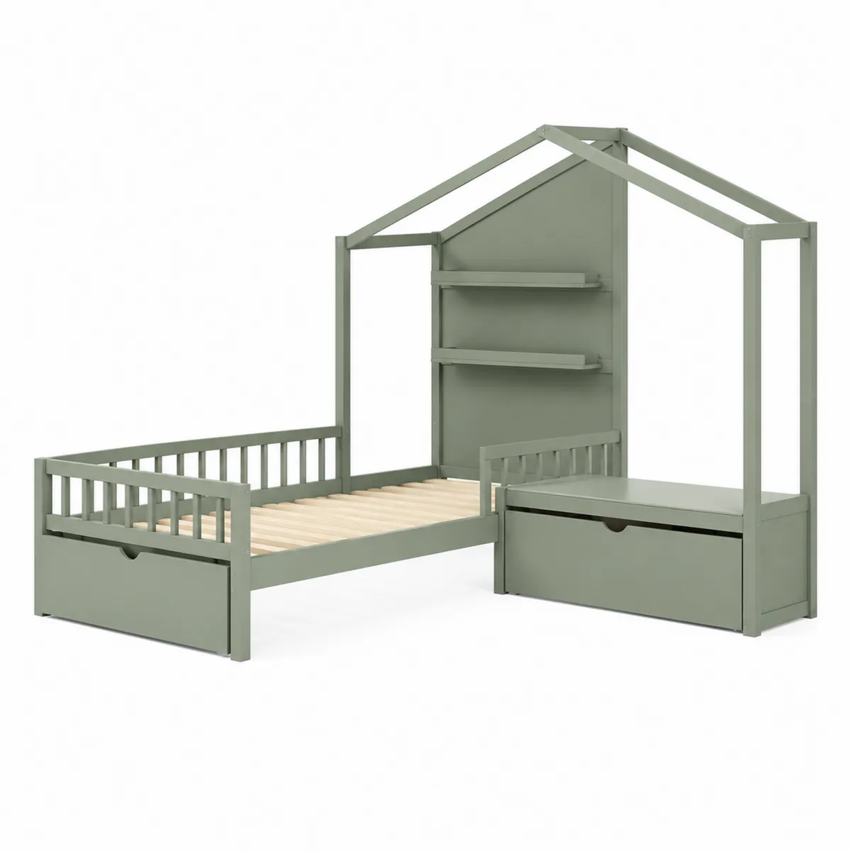 Cama infantil de madera de pino con diseño de casita verde 200x90 cm