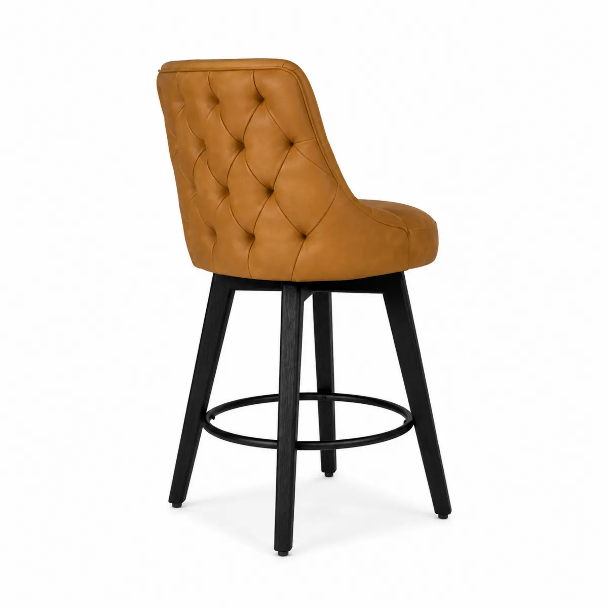 Taburete alto de cuero sintético marrón con patas de madera negra