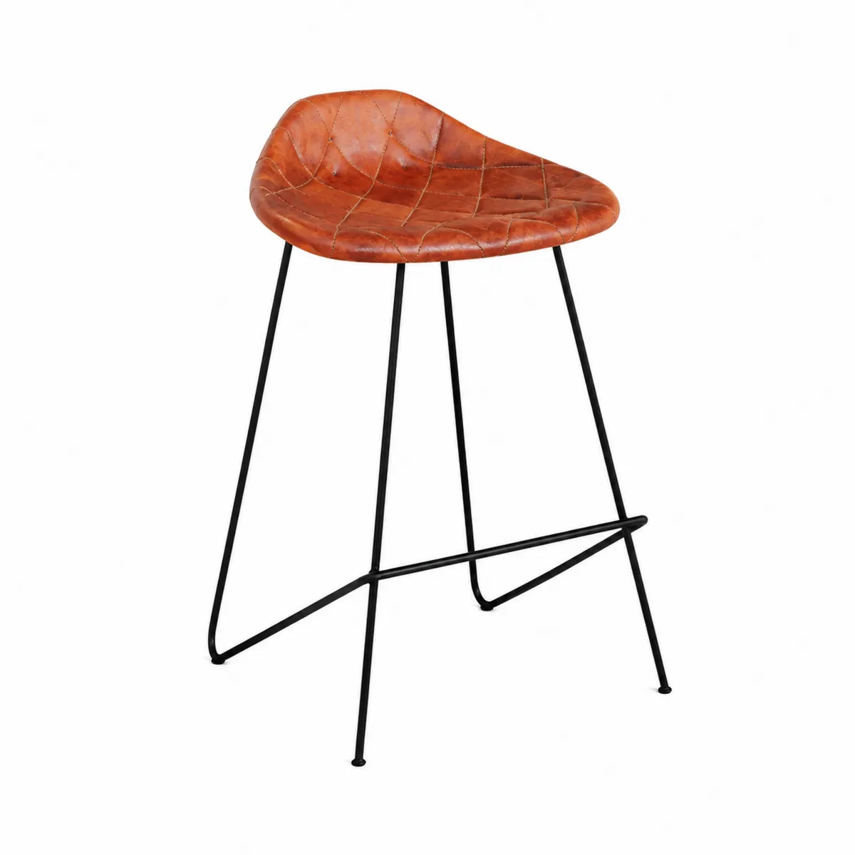 Taburete alto de cuero marrón con patas de metal