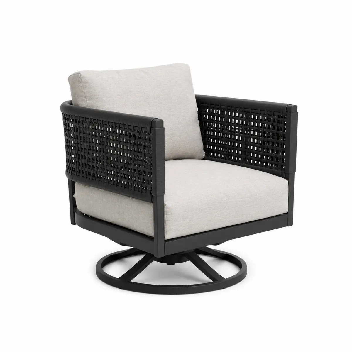Sillón Giratorio de Aluminio y Ratán Sintético Negro con Cojines Beige