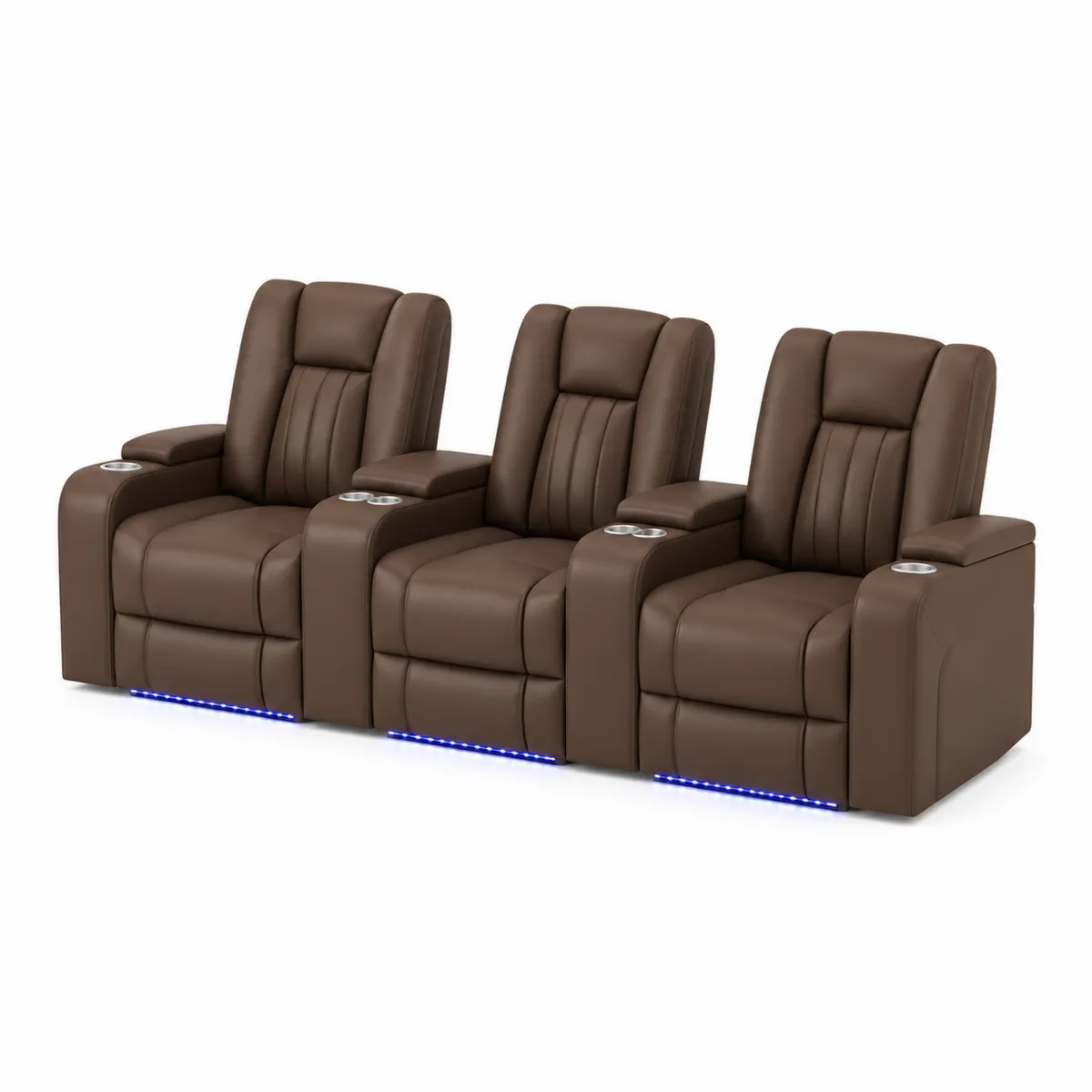 Conjunto de 3 sillones reclinables de cuero marrón con luces LED