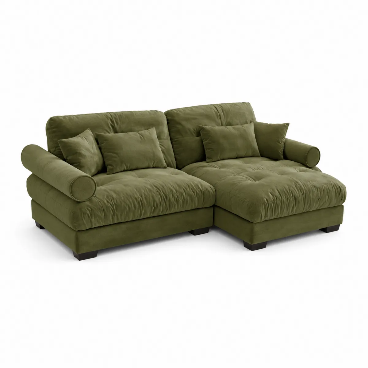 Sofá modular en L con chaise longue tapizado en microfibra verde oliva
