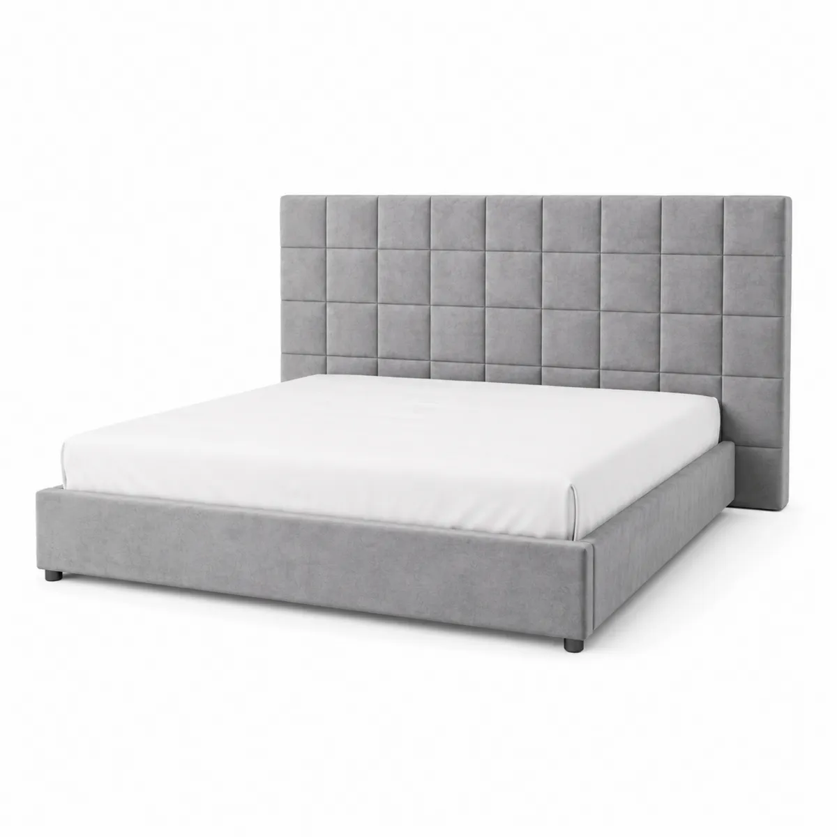 Cama doble de terciopelo gris con cabecera acolchada