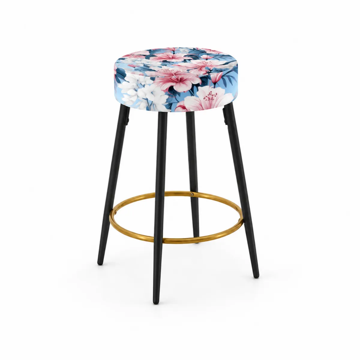 Taburete alto floral con patas metálicas negras y reposapiés dorado