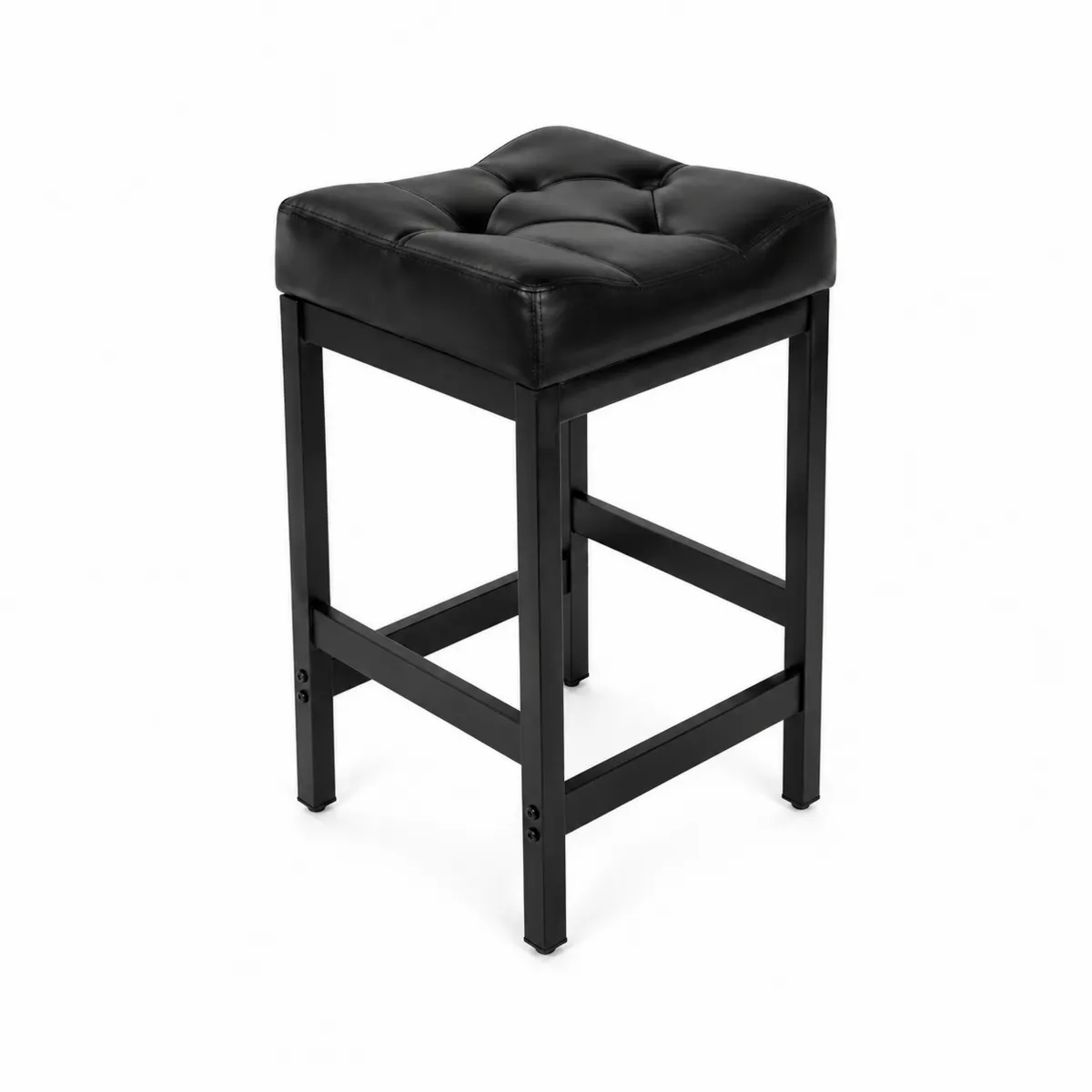 Taburete cuadrado con asiento de cuero sintético negro y estructura de metal