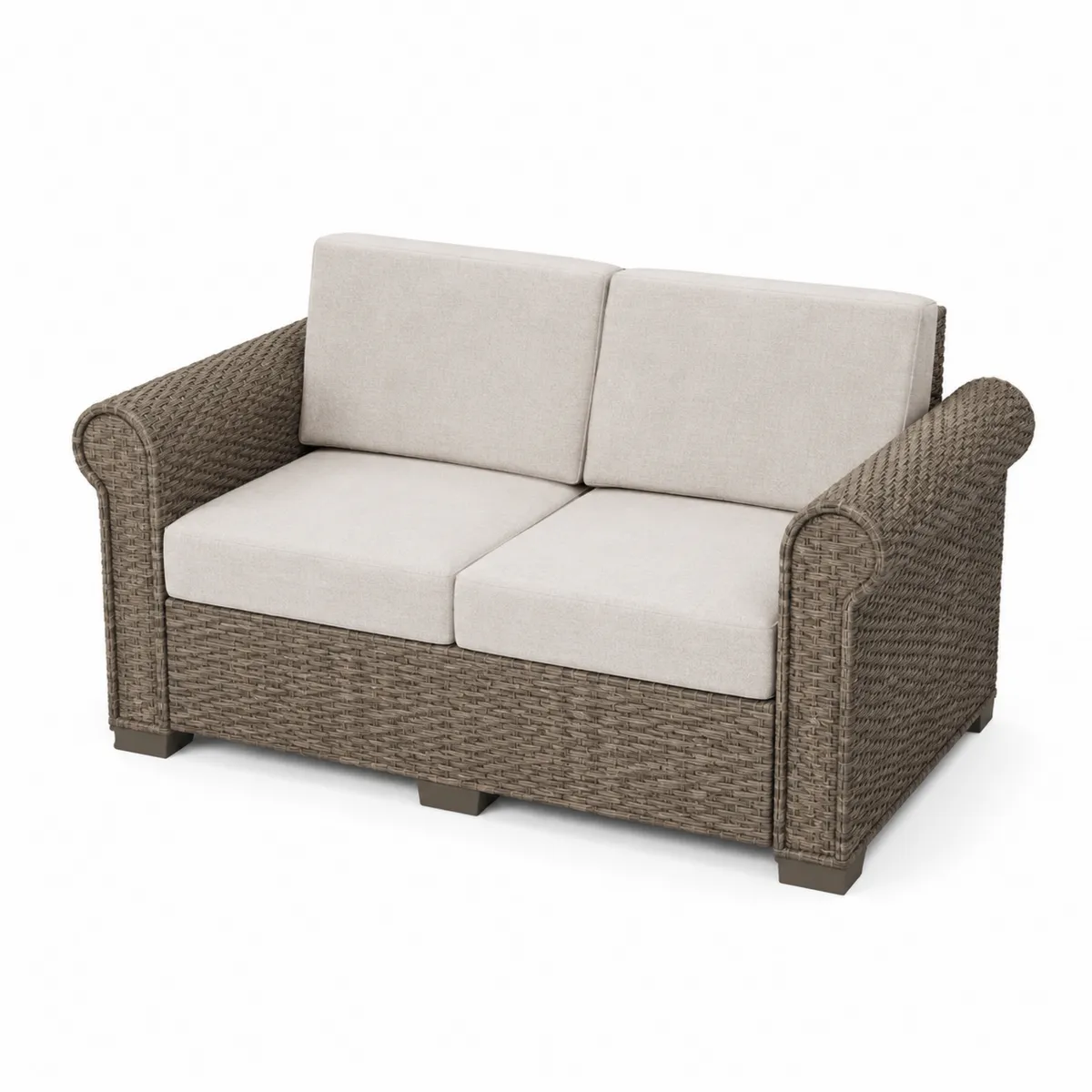 Sofá de ratán sintético beige con cojines