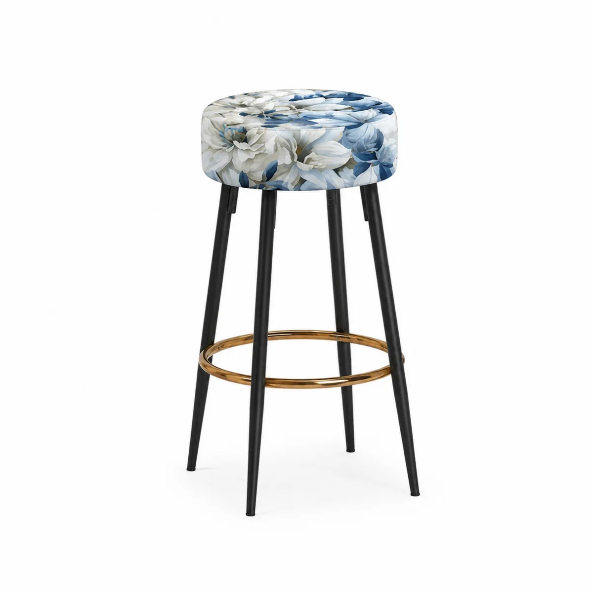 Taburete metálico negro con asiento de poliéster floral