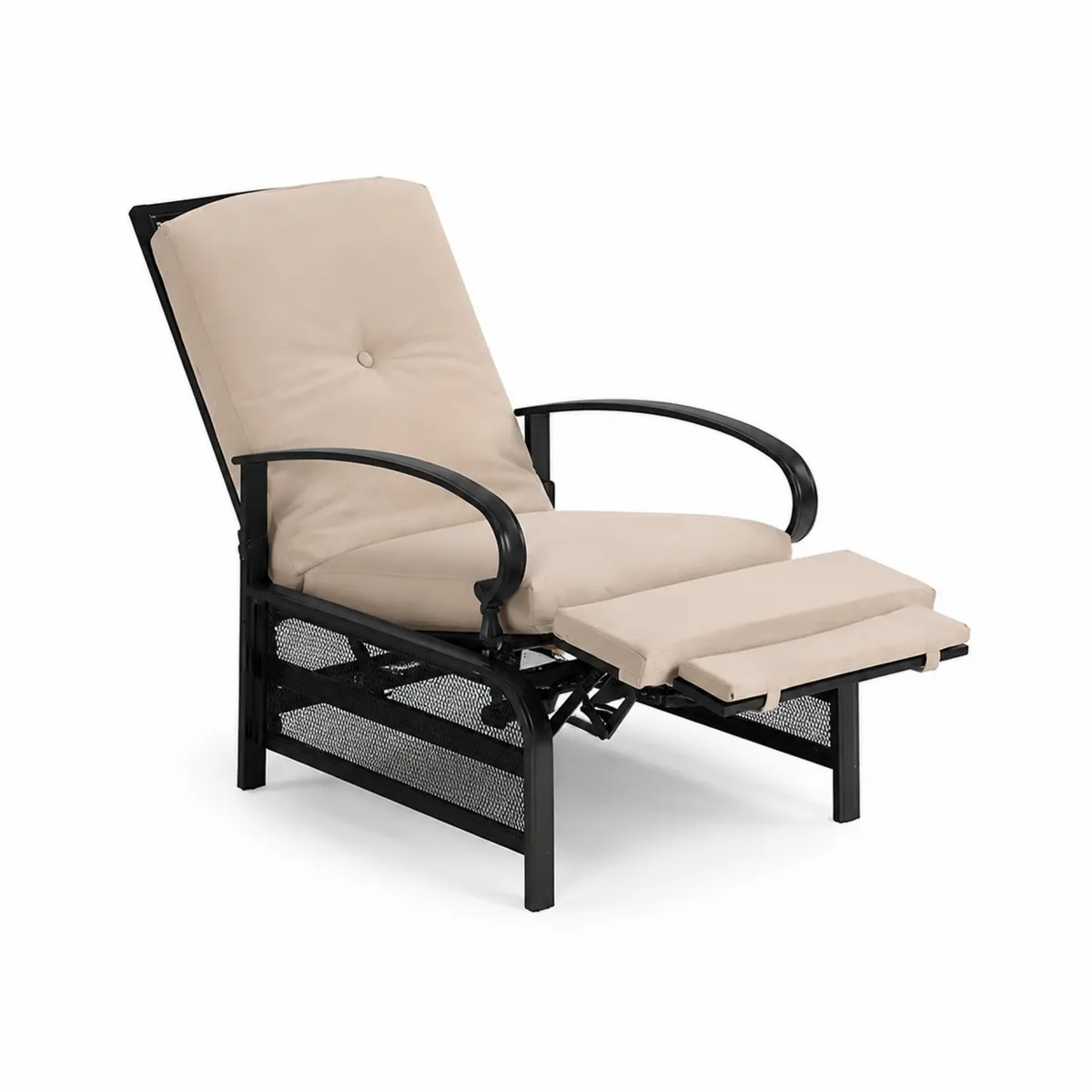 Sillón reclinable de metal y poliéster con cojines color crema 110x60x75 cm