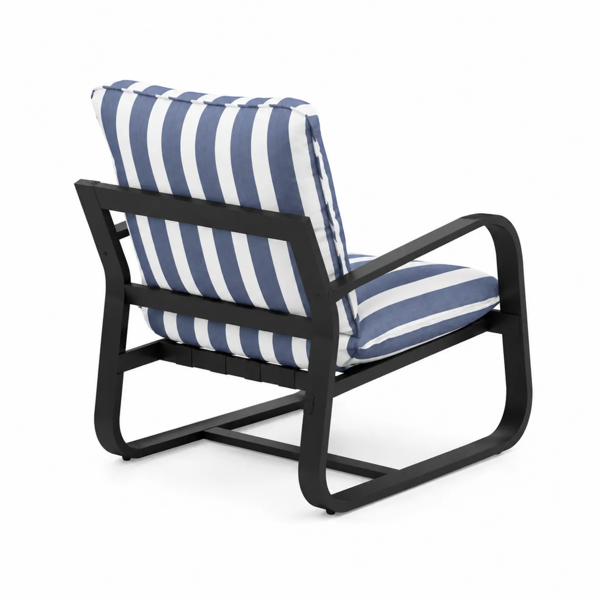 Sillón exterior de metal con cojín rayado azul y blanco