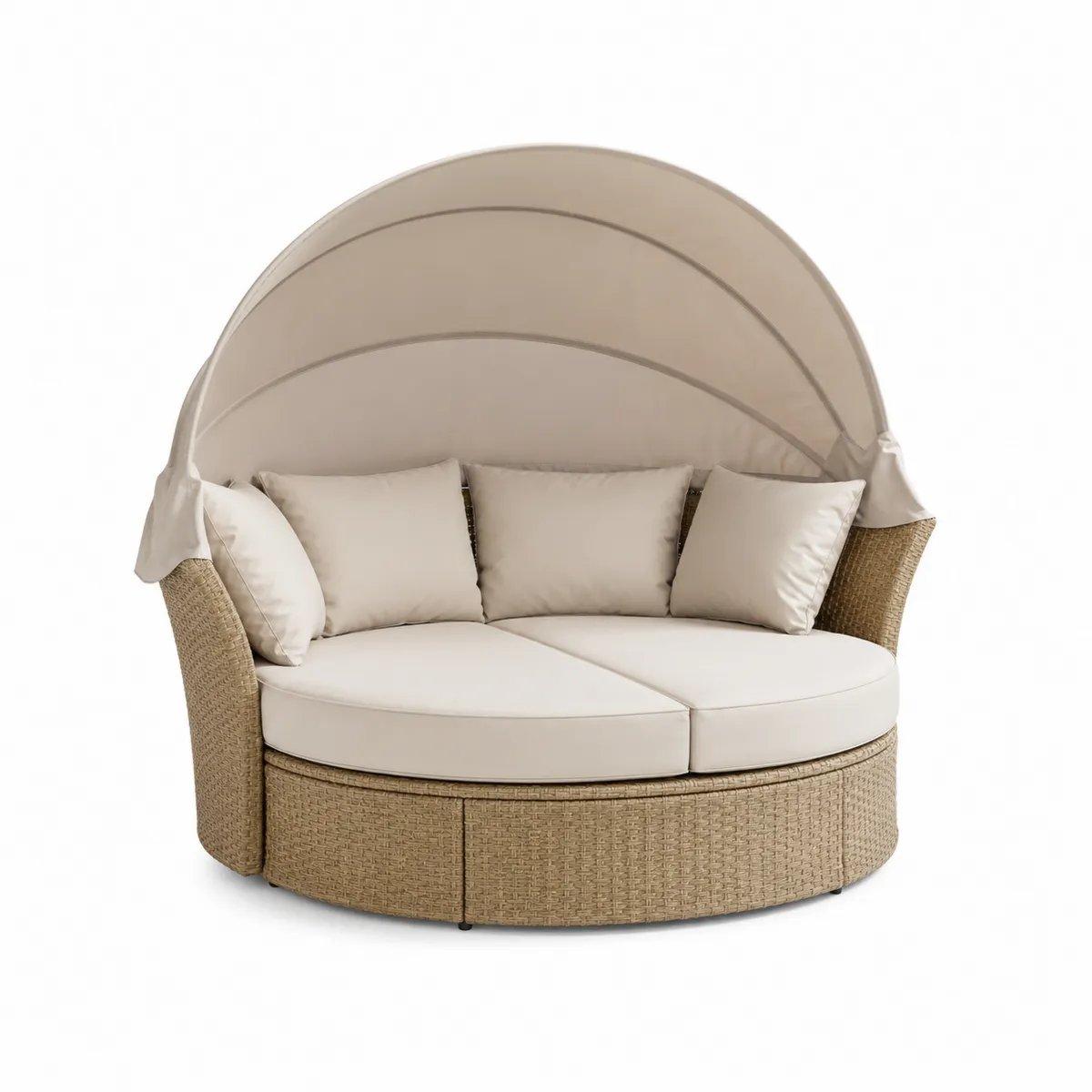 Sofá redondo de ratán sintético beige con dosel