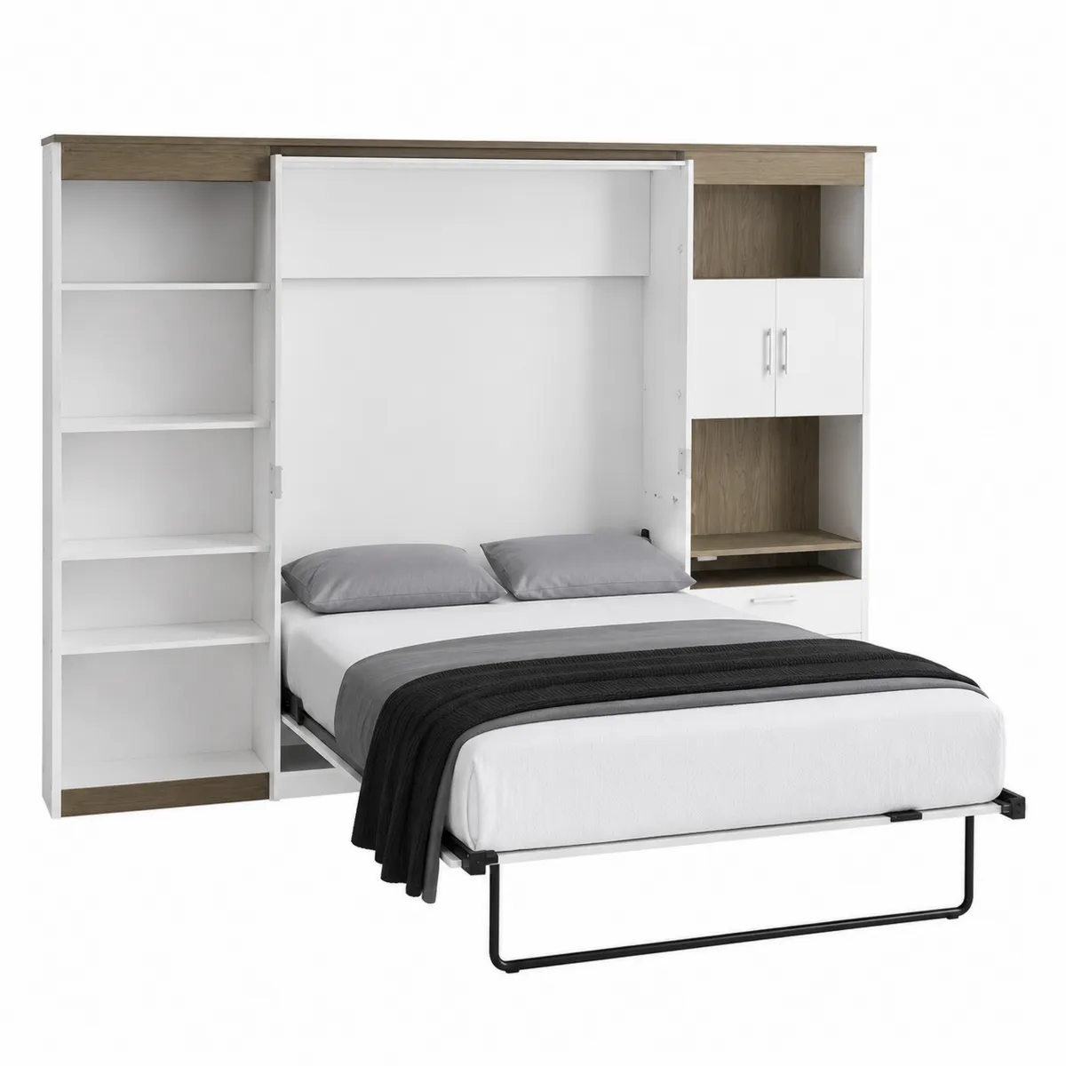 Cama abatible de madera con estantería y almacenamiento 200x160 cm Blanco y Madera