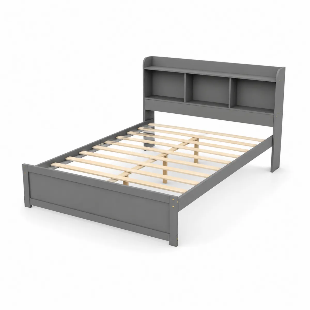 Cama individual de madera con estantería cabecero gris