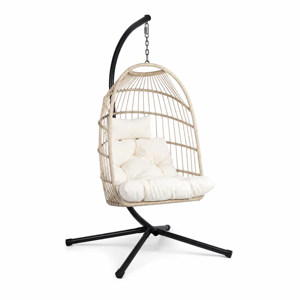 Silla colgante de ratán con base de acero y cojines beige