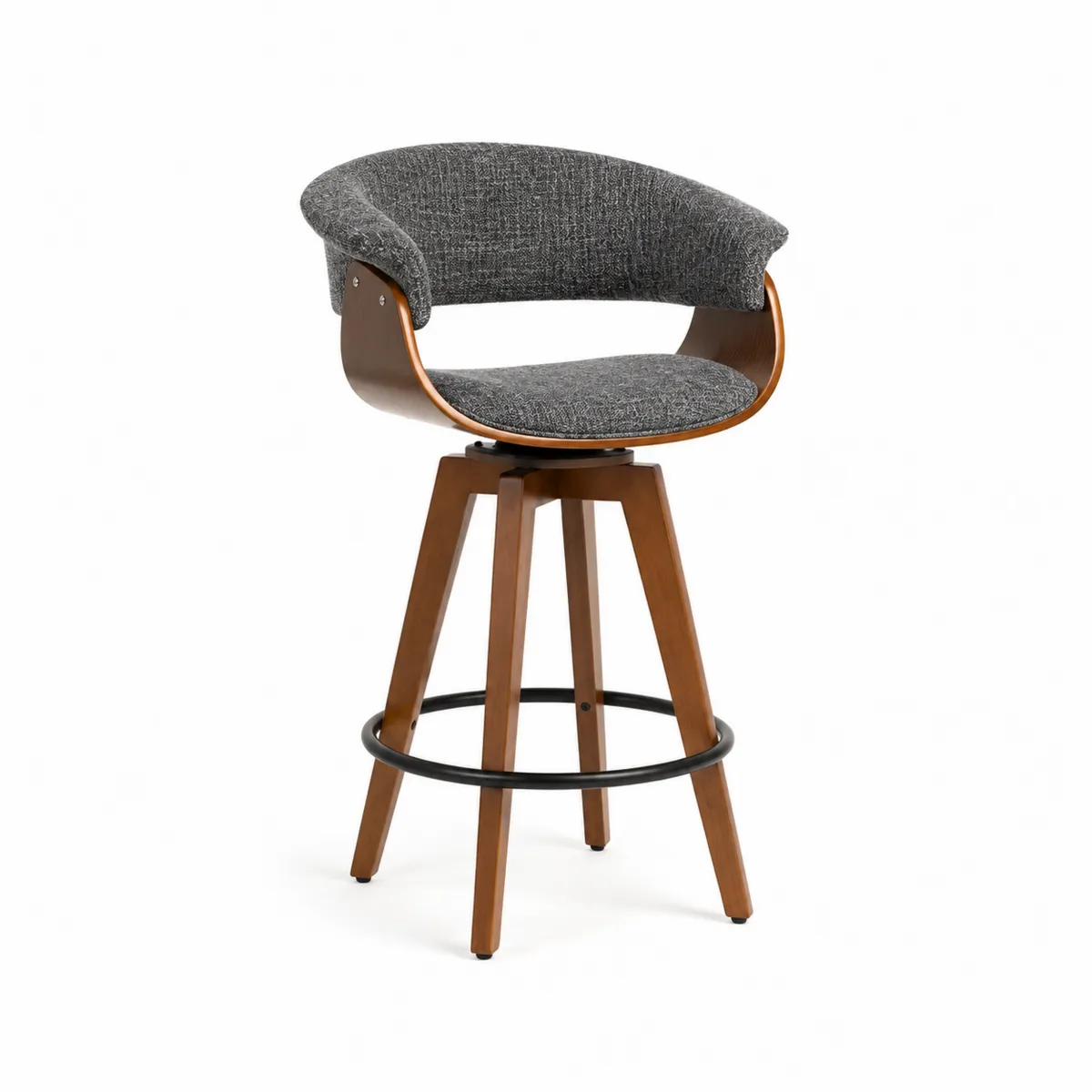 Taburete de bar con respaldo curvo, tela de poliéster y madera, color Gris