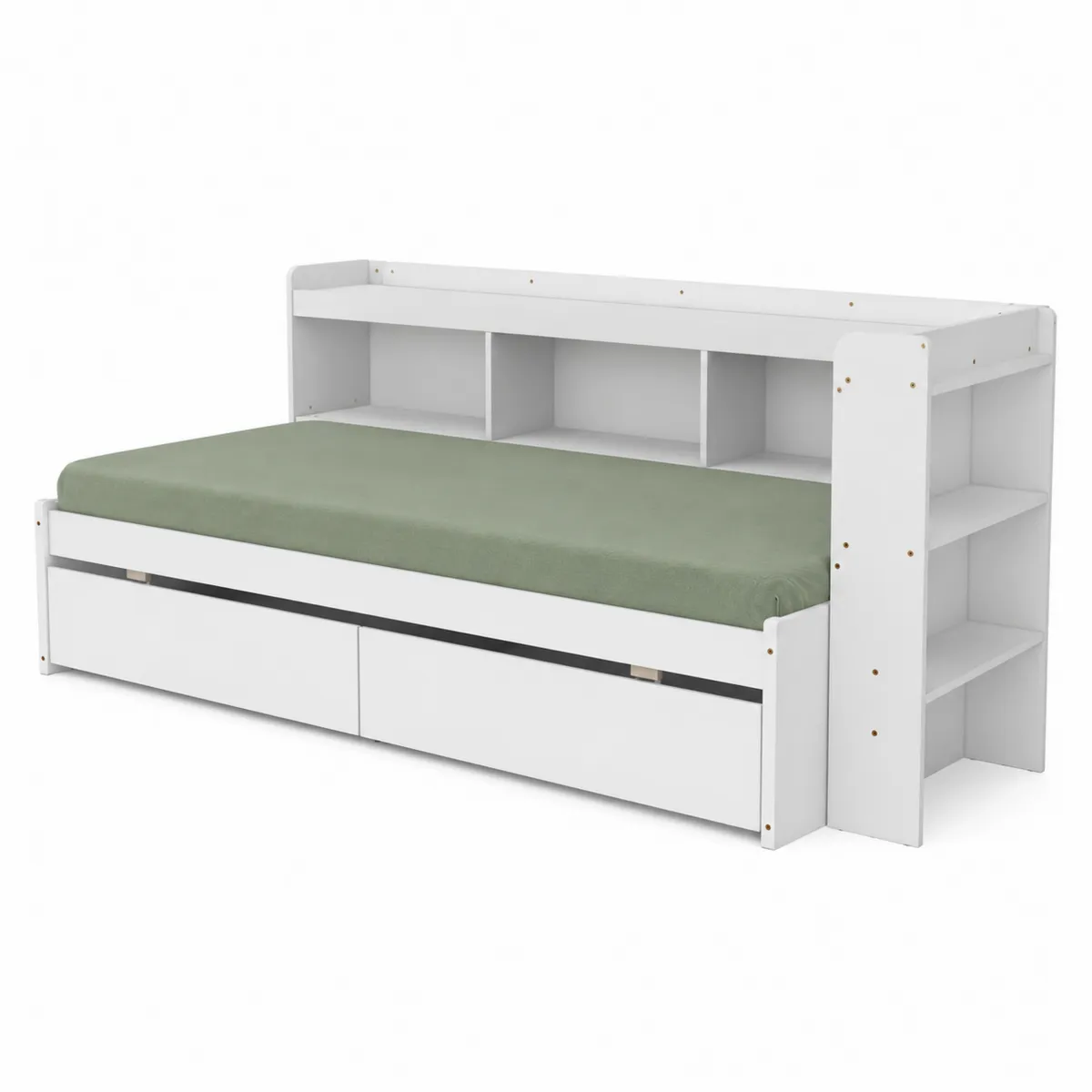 Cama individual de madera MDF con almacenamiento y estantería 200x90 cm