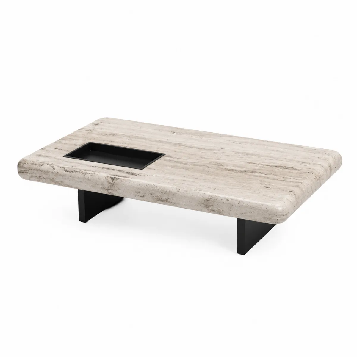 Mesa de centro de mármol travertino con cavidad y patas de acero 120x60x35 cm