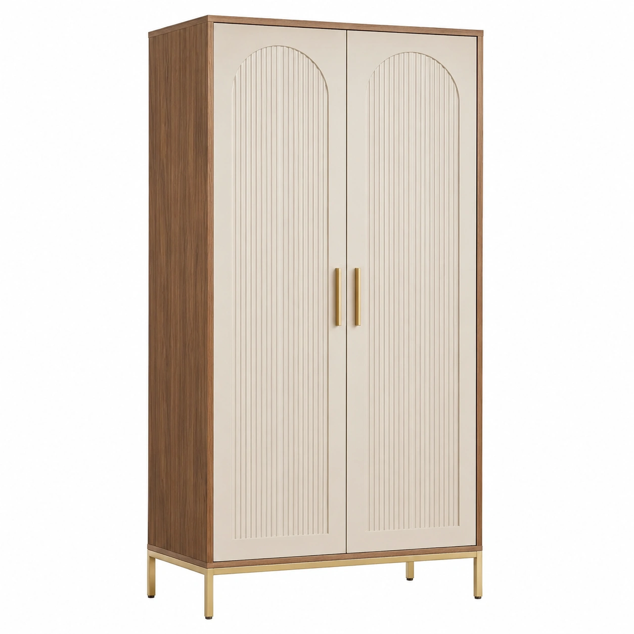 Armario moderno bicolor con puertas ranuradas y base metalica dorada-urbanlisse