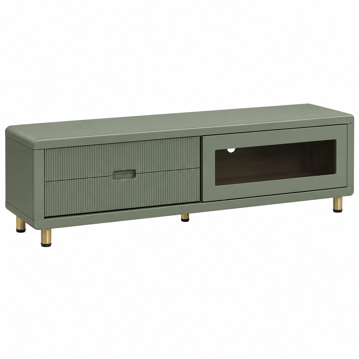 Mesa de TV moderna verde oliva con cajones ranurados y compartimento multimedia-urbanlisse