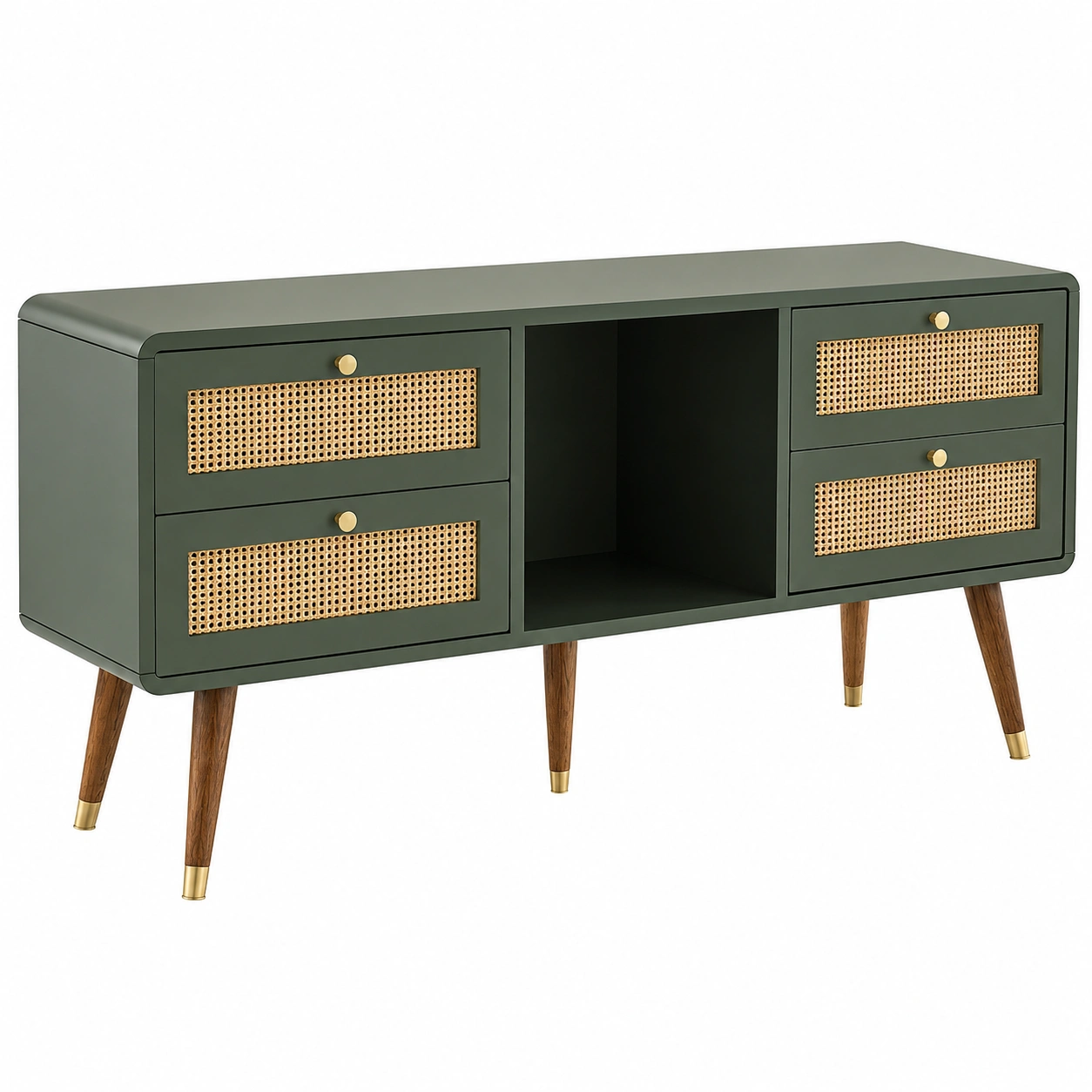 Mueble para television verde oliva moderno con cajones de ratan y compartimento abierto-urbanlisse