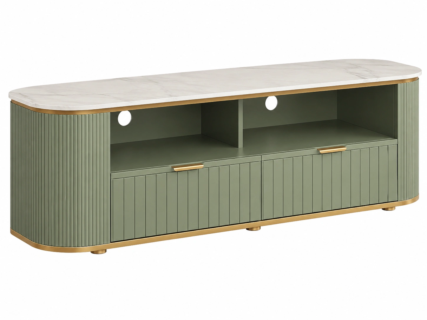Mueble TV moderno verde oliva con superficie efecto marmol y detalles dorados para salon elegante (-urbanlisse
